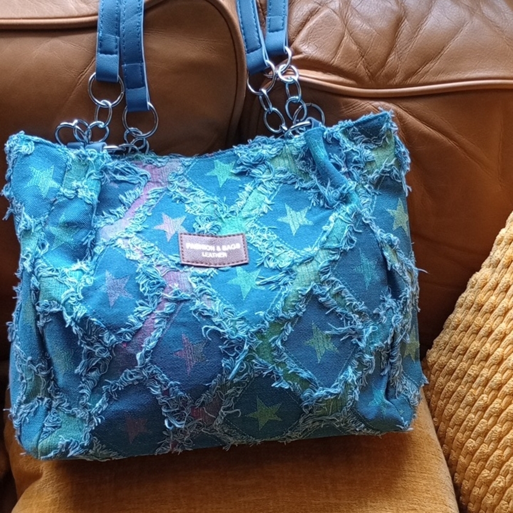 Blue Star Patterned Denim Handbag, Size 10"X15, New.